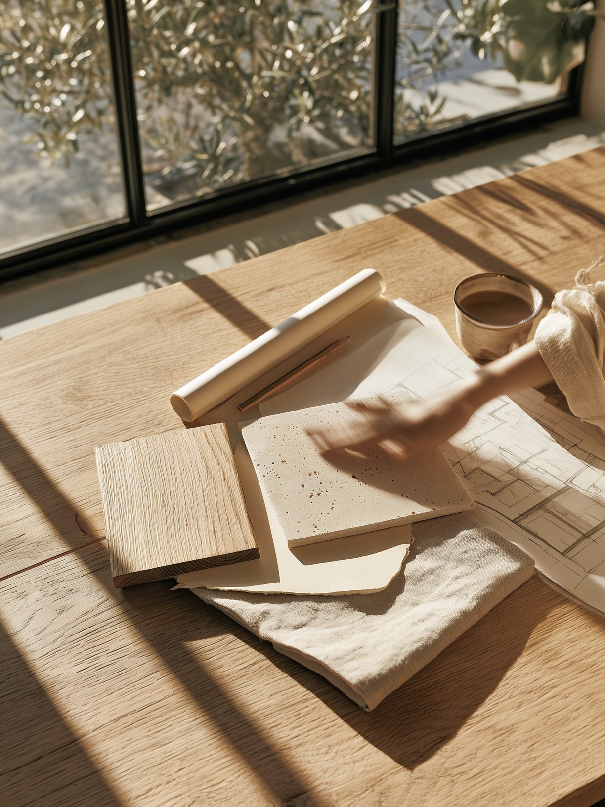 Tavolo di lavoro con planimetria e campioni di materiali.