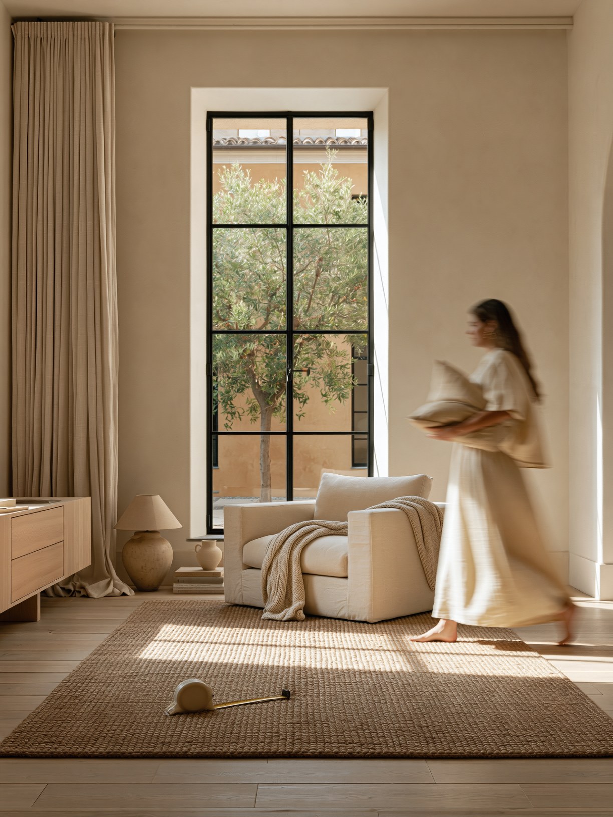 Soggiorno con poltrona, luce naturale e materiali dai toni caldi.